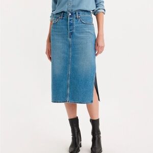 Levi's Blue Denim Midi Skirt with side slit, size 25”